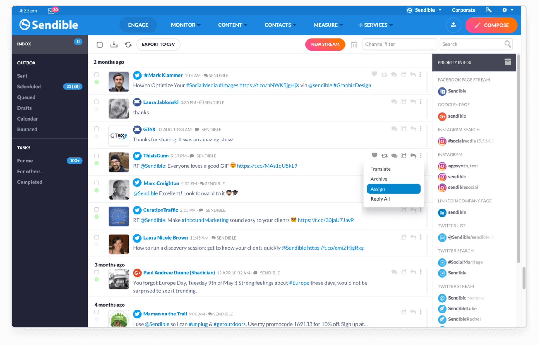 Screenshot of mentions in Sendible's dashboard