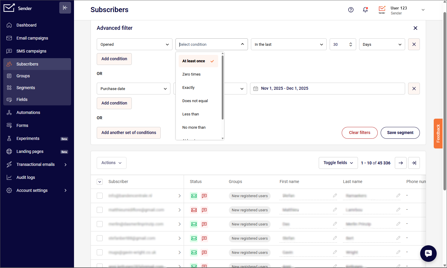 Sender subscribers