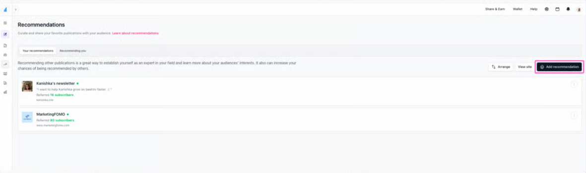 beehiiv recommendation dashboard