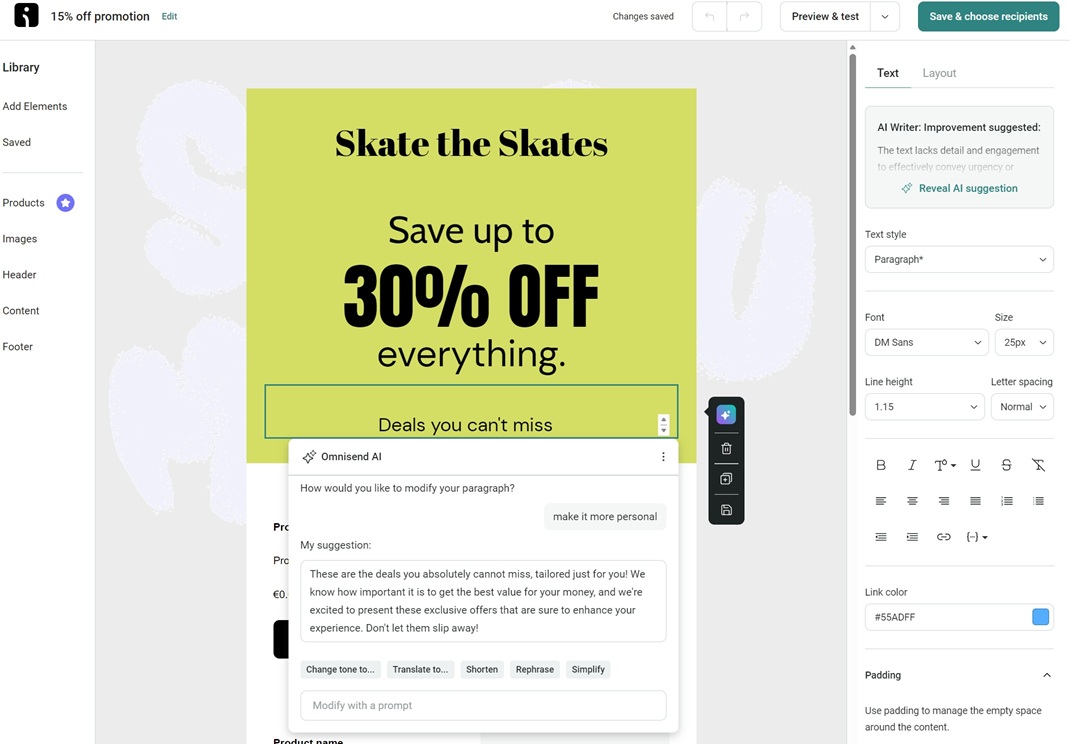 Omnisend Campaign Editor AI Content Gen
