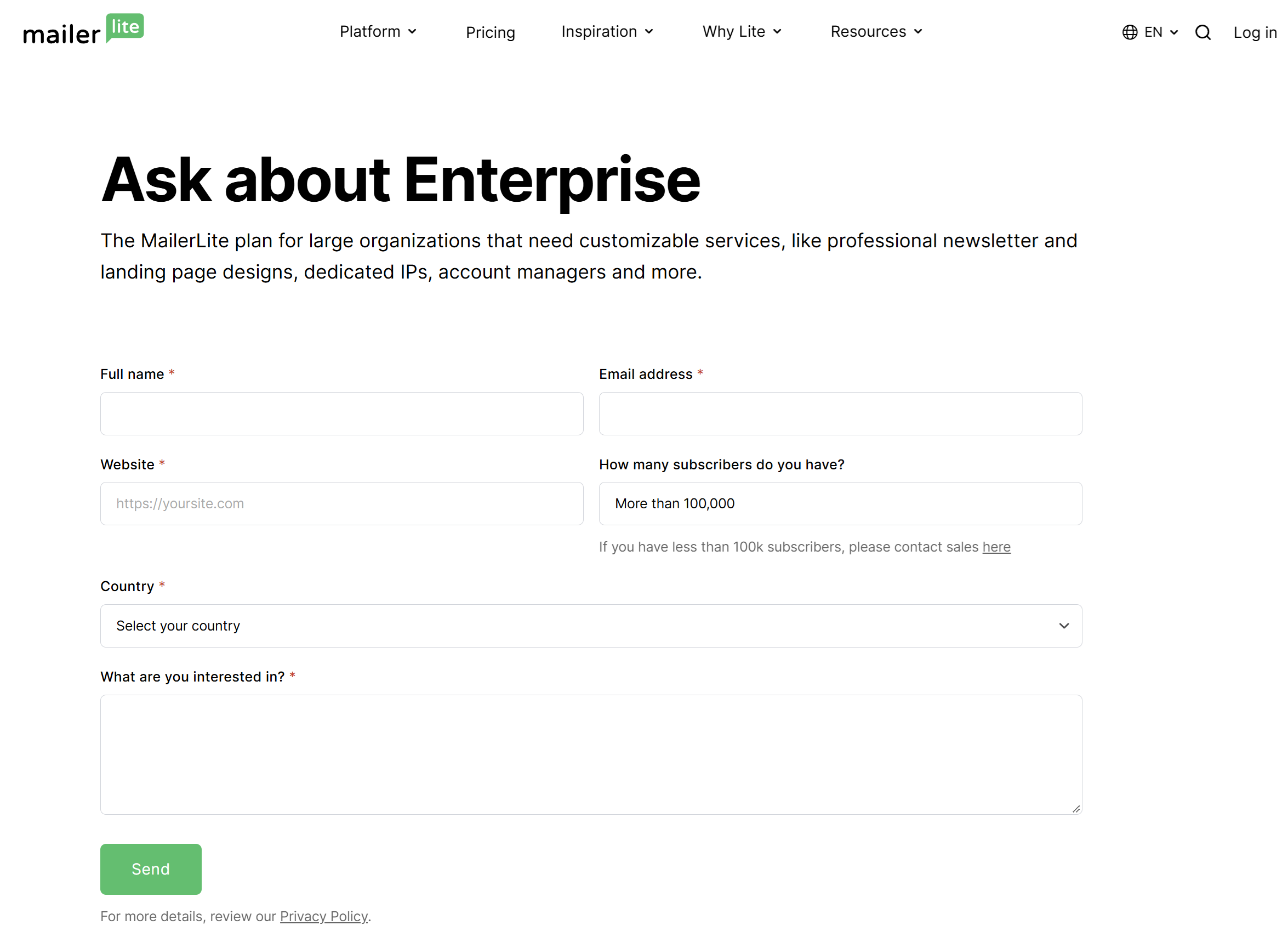 MailerLite enterprise query form